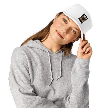 White 5-panel cap with front logo patch and curved brim
