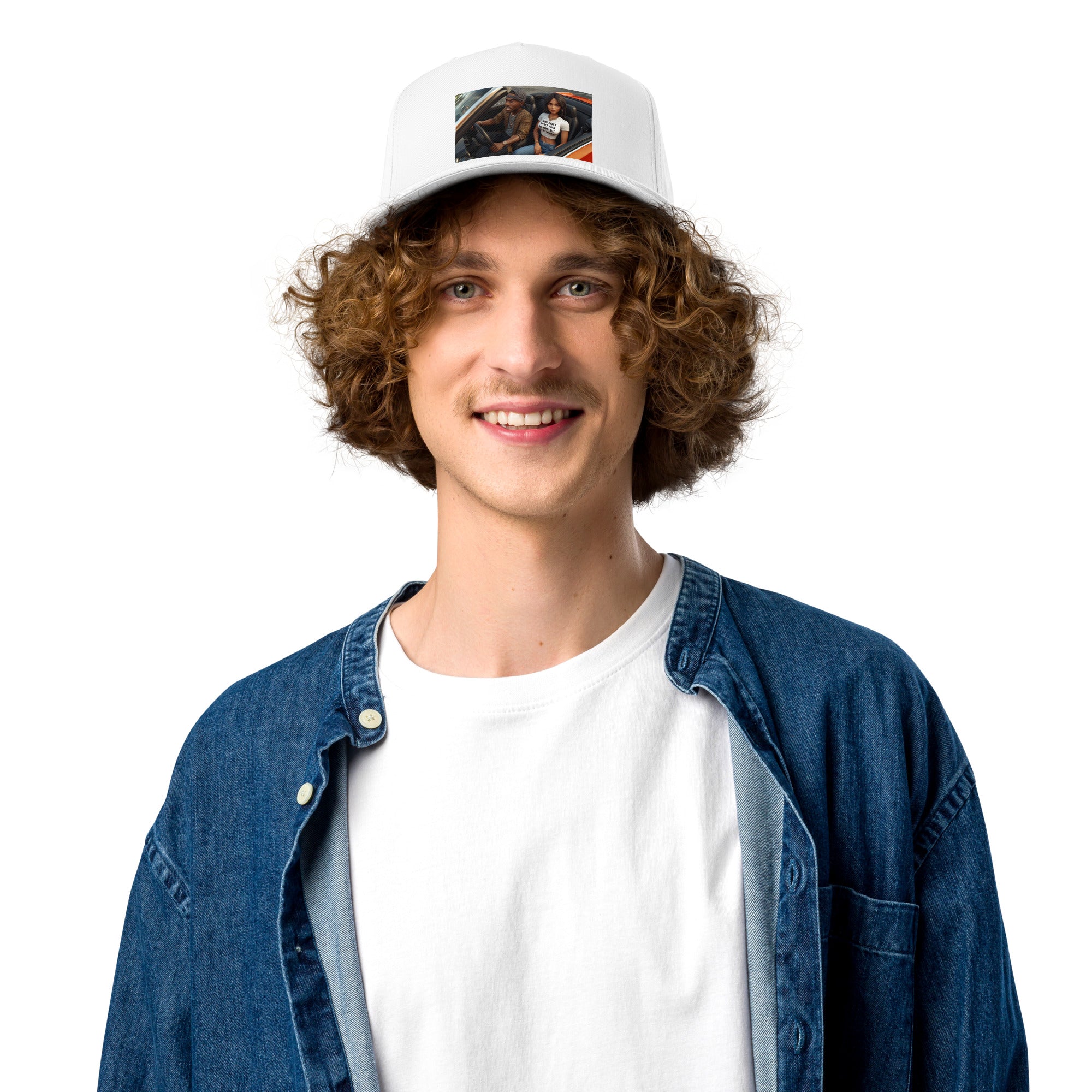 White 5-panel cap with front patch graphic and curved brim