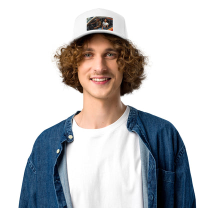 White 5-panel cap with front patch graphic and curved brim