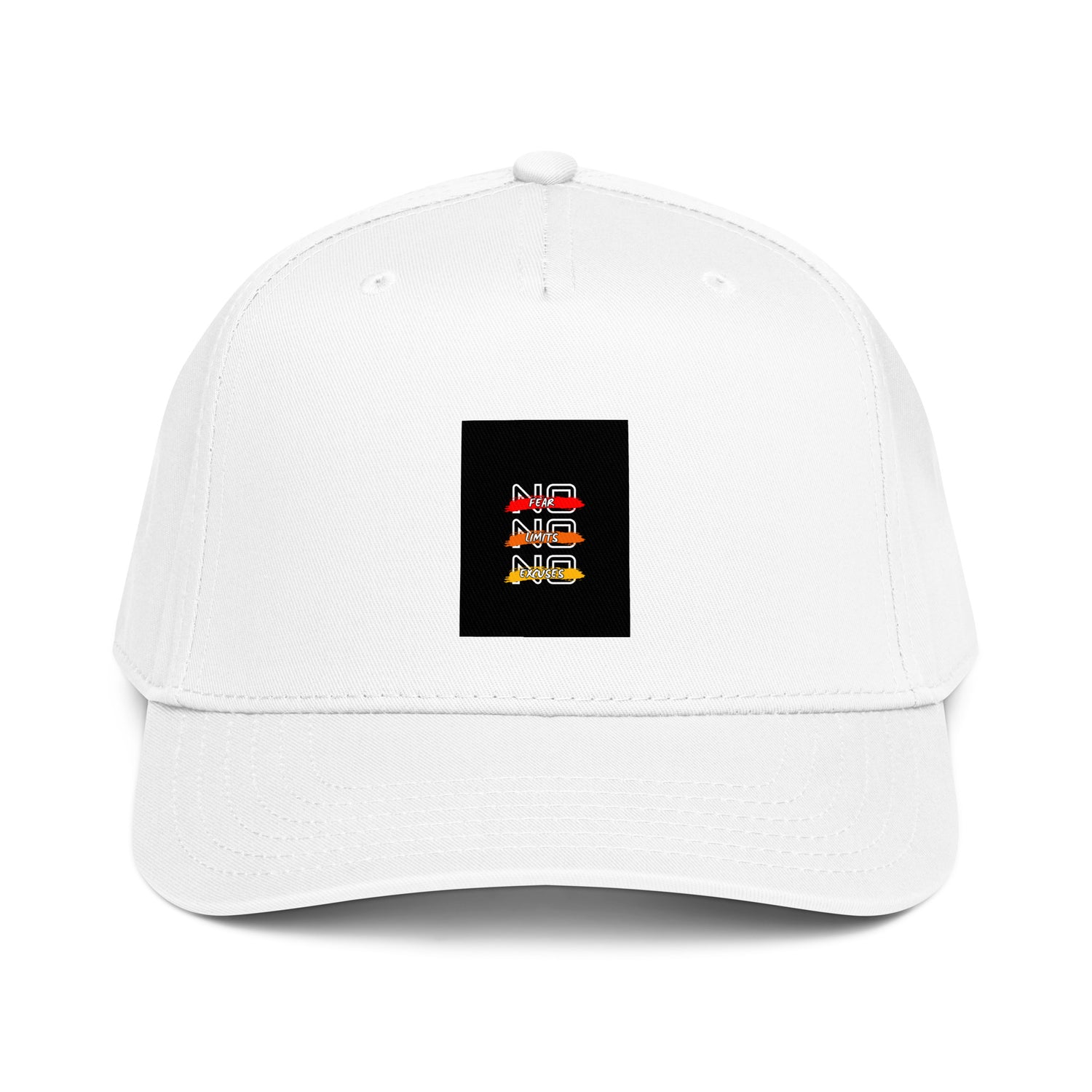 White 5-panel cap with front square logo patch