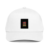 White 5-panel cap with small square multicolor logo on the front panel