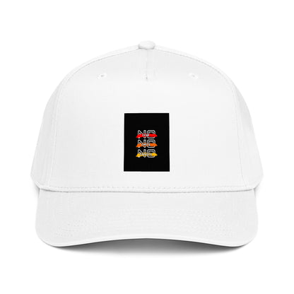 White 5-panel cap with front square logo patch