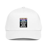 White 5-panel cap with front graphic patch
