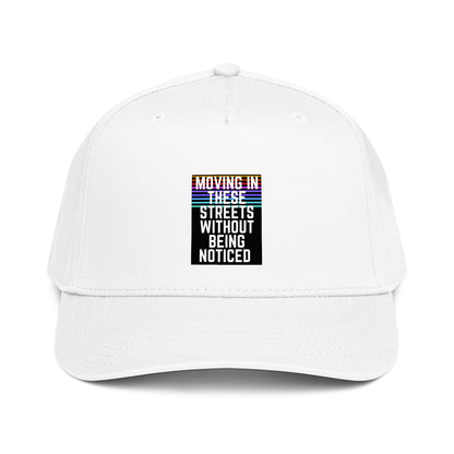 White 5-panel cap with front graphic text in stacked stripes
