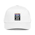 White 5-panel cap with front graphic text in stacked stripes