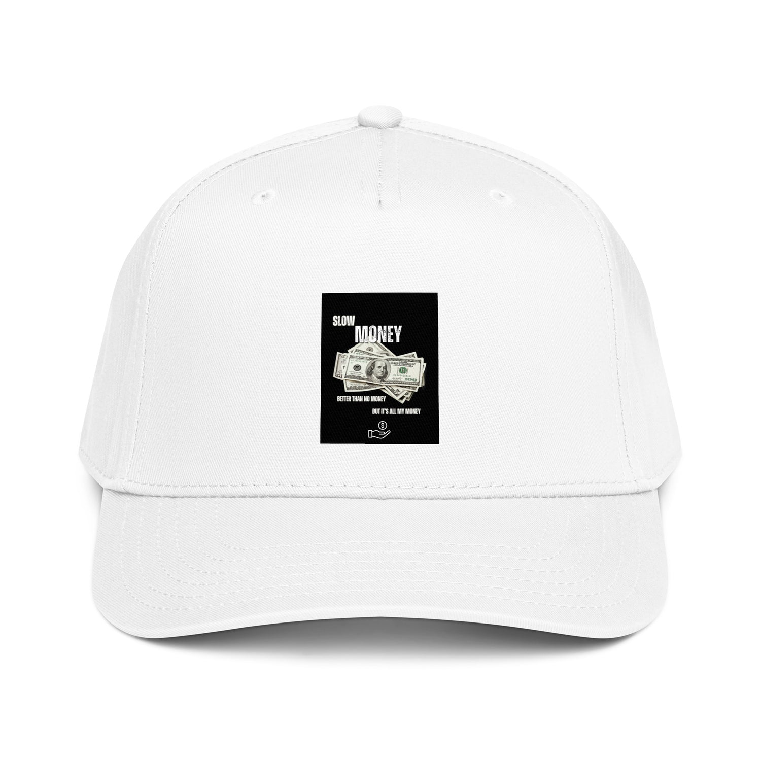 Slow Money 5-panel cap, white with front “Slow Money” money-print logo