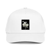 White 5-panel cap with front graphic patch and curved brim