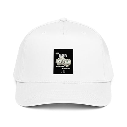Slow Money 5-panel cap, white with front “Slow Money” money-print logo