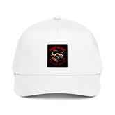 White 5-panel cap with front embroidered square logo and curved brim.