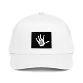 White 5-panel cap with front black logo patch and white handprint graphic