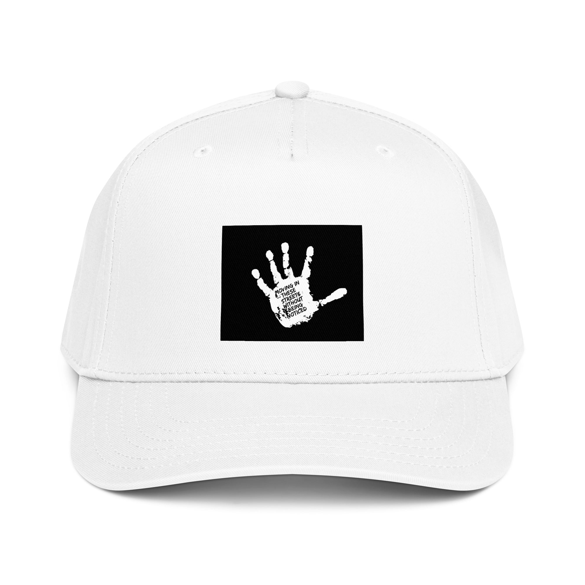 White 5-panel cap with front logo patch