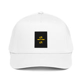 White 5-panel cap with front logo patch.