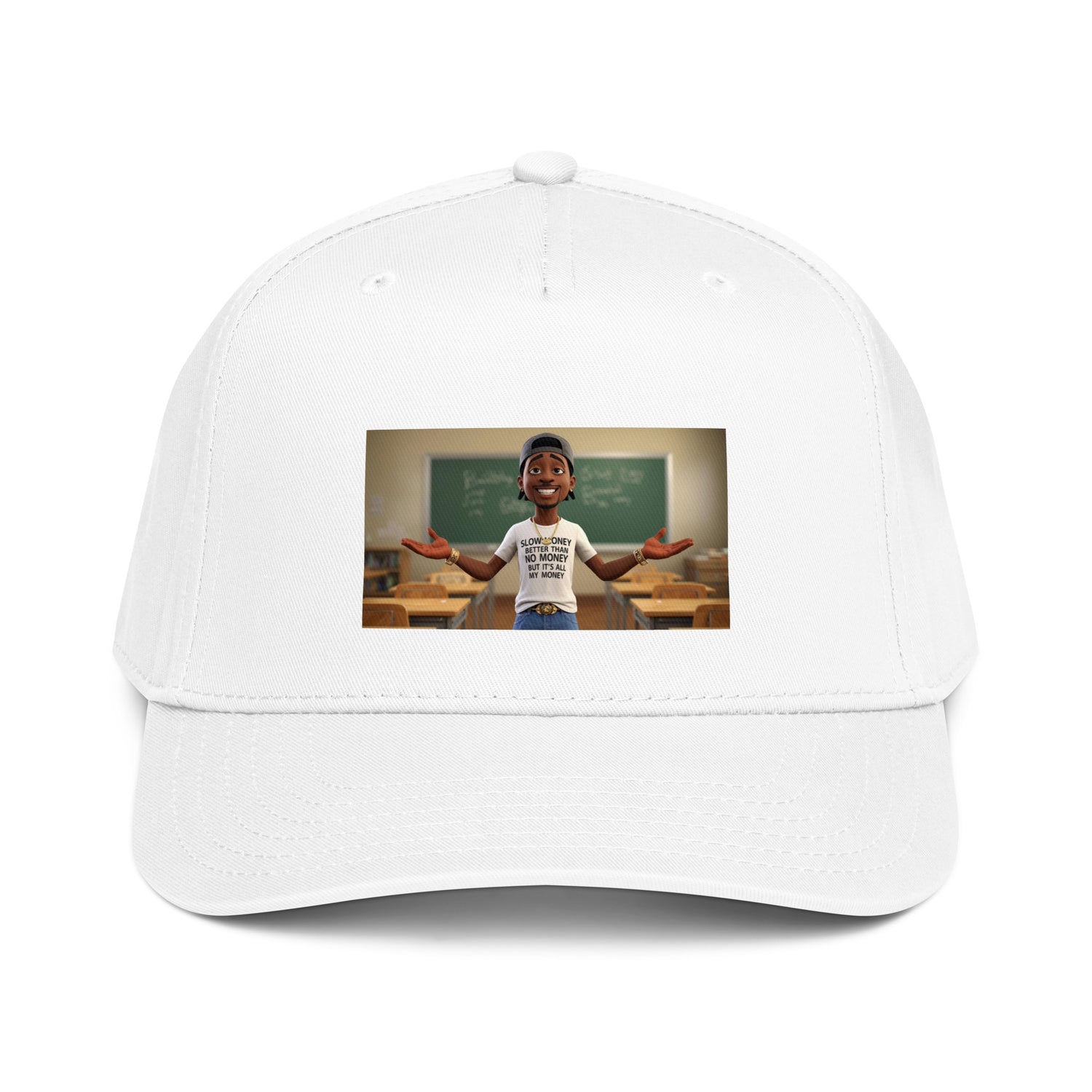 Slow Money Better Than No Money 5-Panel cap (White) with front graphic patch