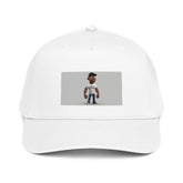 White 5-panel cap with front graphic patch