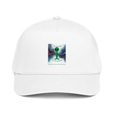 White 5-panel cap with front logo patch and curved brim