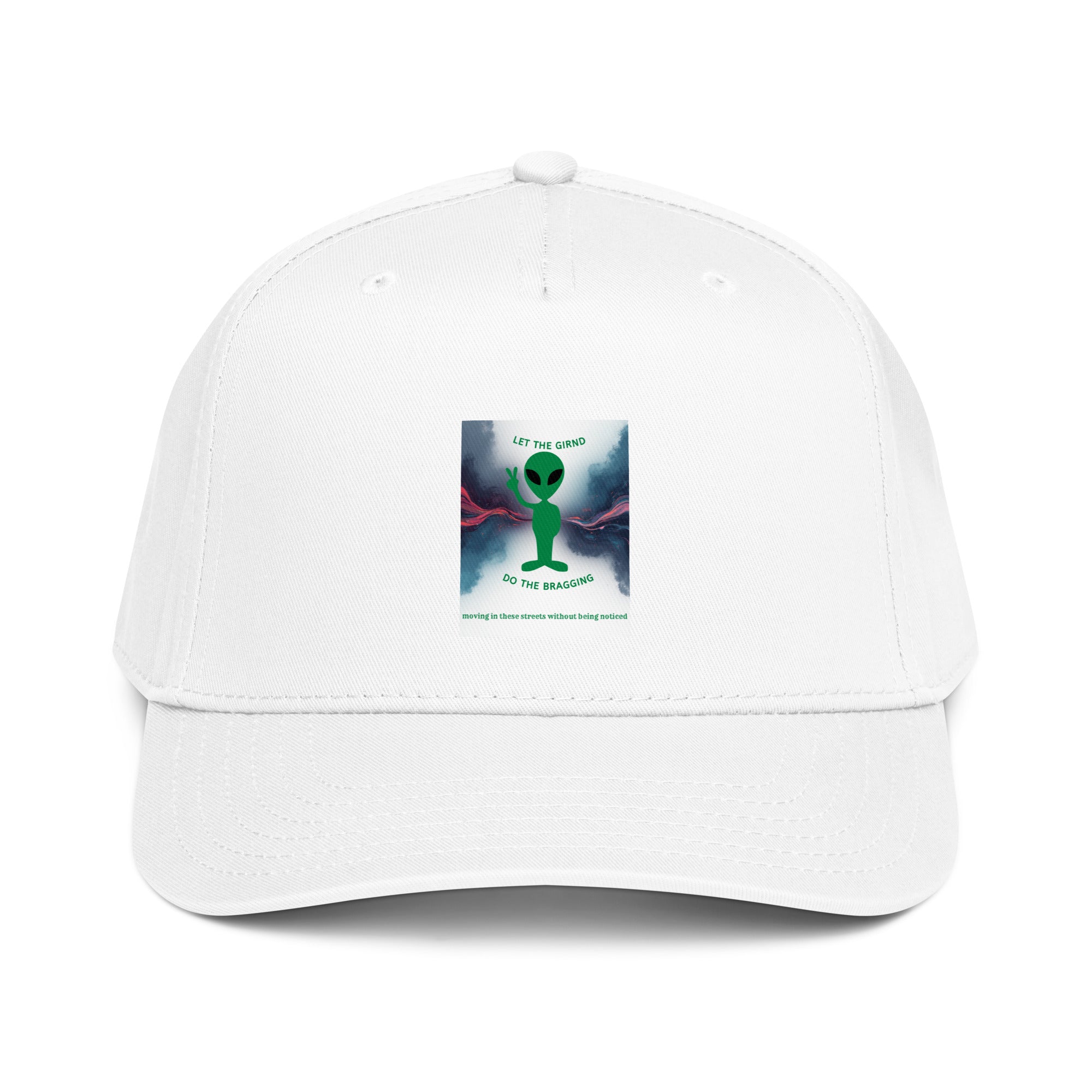 White 5-panel cap with front graphic patch and curved brim
