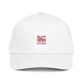 White 5-panel cap with front logo patch and curved brim