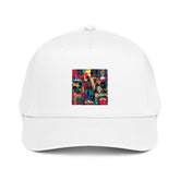 White 5-panel baseball cap with front graphic patch and curved brim