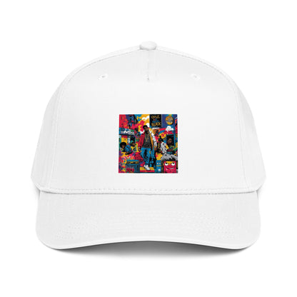 White 5-panel cap with colorful comic graphic on front