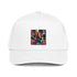 White 5-panel cap with colorful comic graphic on front