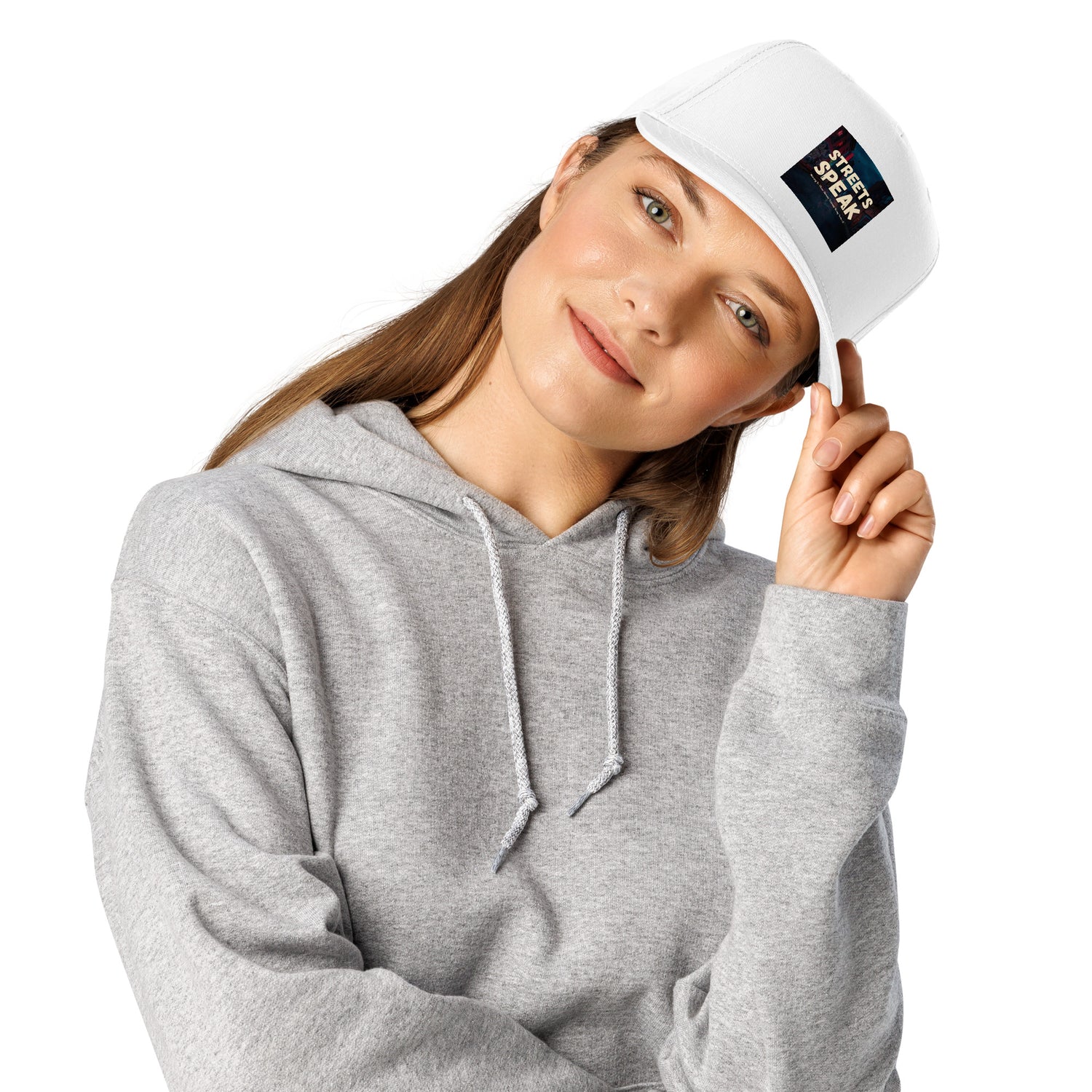 White 5-panel cap with front logo patch and curved brim