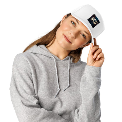 White 5-panel cap with front logo patch and curved brim
