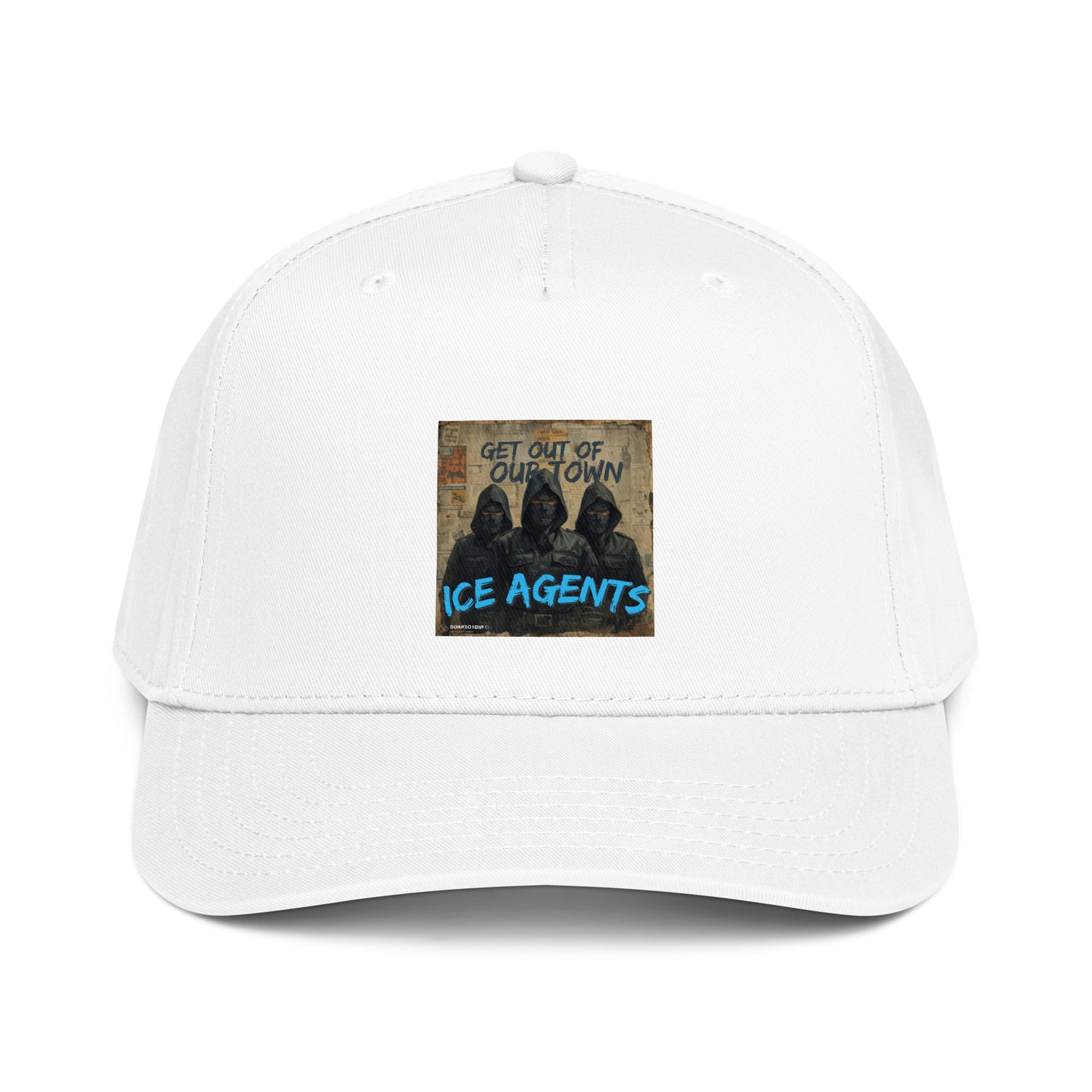 5-panel cap in white with front graphic patch, “ICE AGENTS” text