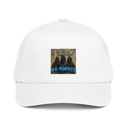 5-panel cap in white with front graphic patch, “ICE AGENTS” text