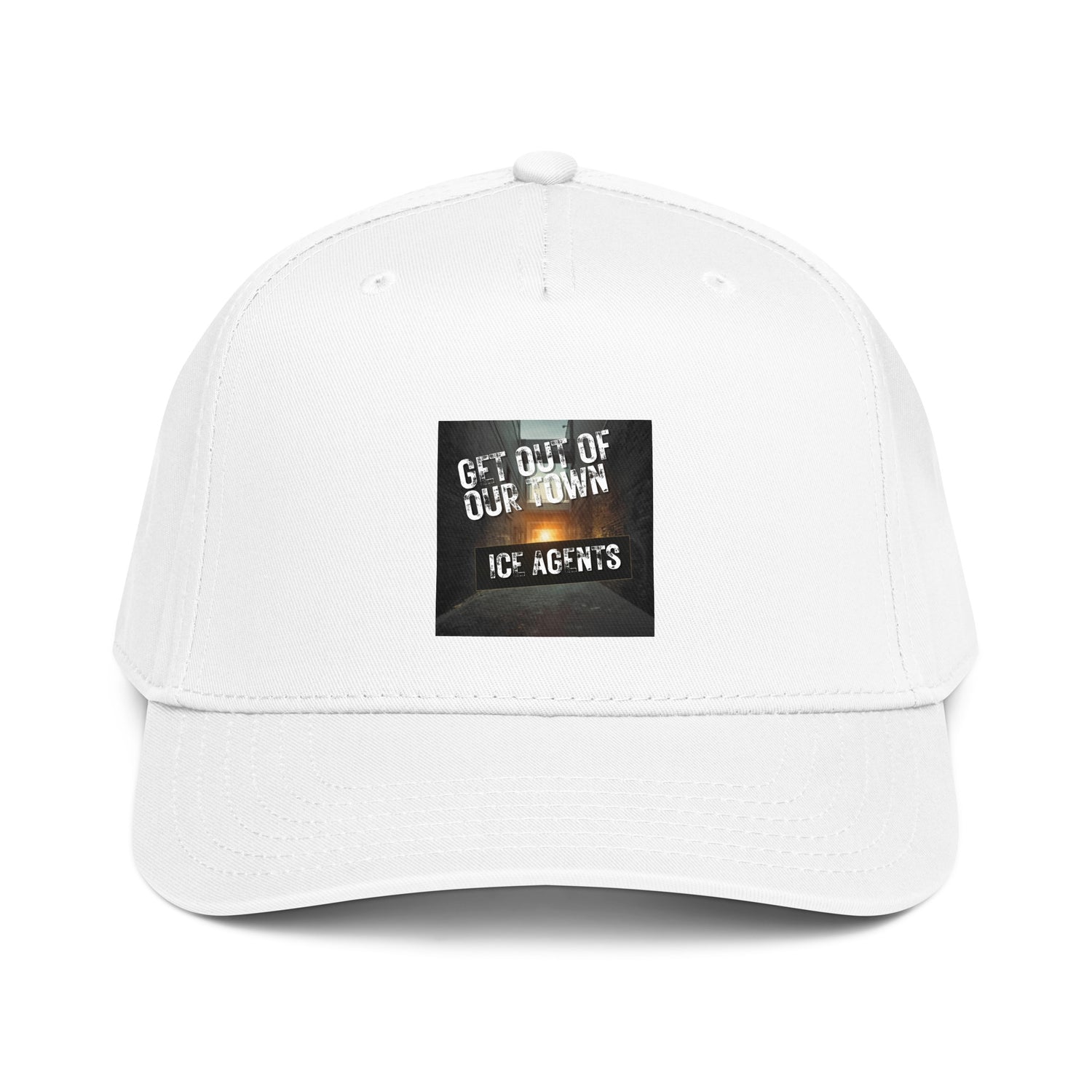 White 5-panel cap with front “ICE AGENTS” graphic patch