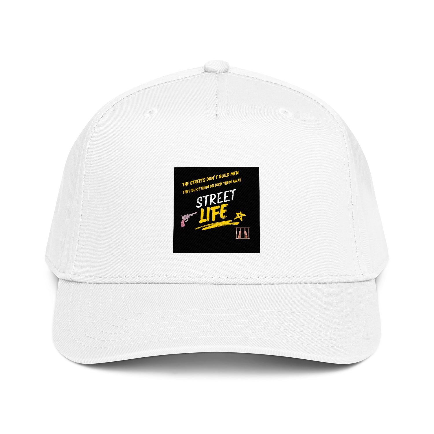 White 5-panel cap with front logo patch and curved brim.
