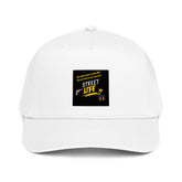 White 5-panel cap with front logo patch and curved brim.