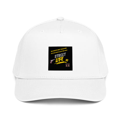 White 5-panel cap with front logo patch and curved brim.