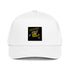 White 5-panel cap with front logo patch and curved brim.