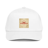 White 5-panel cap with front square logo patch and curved brim