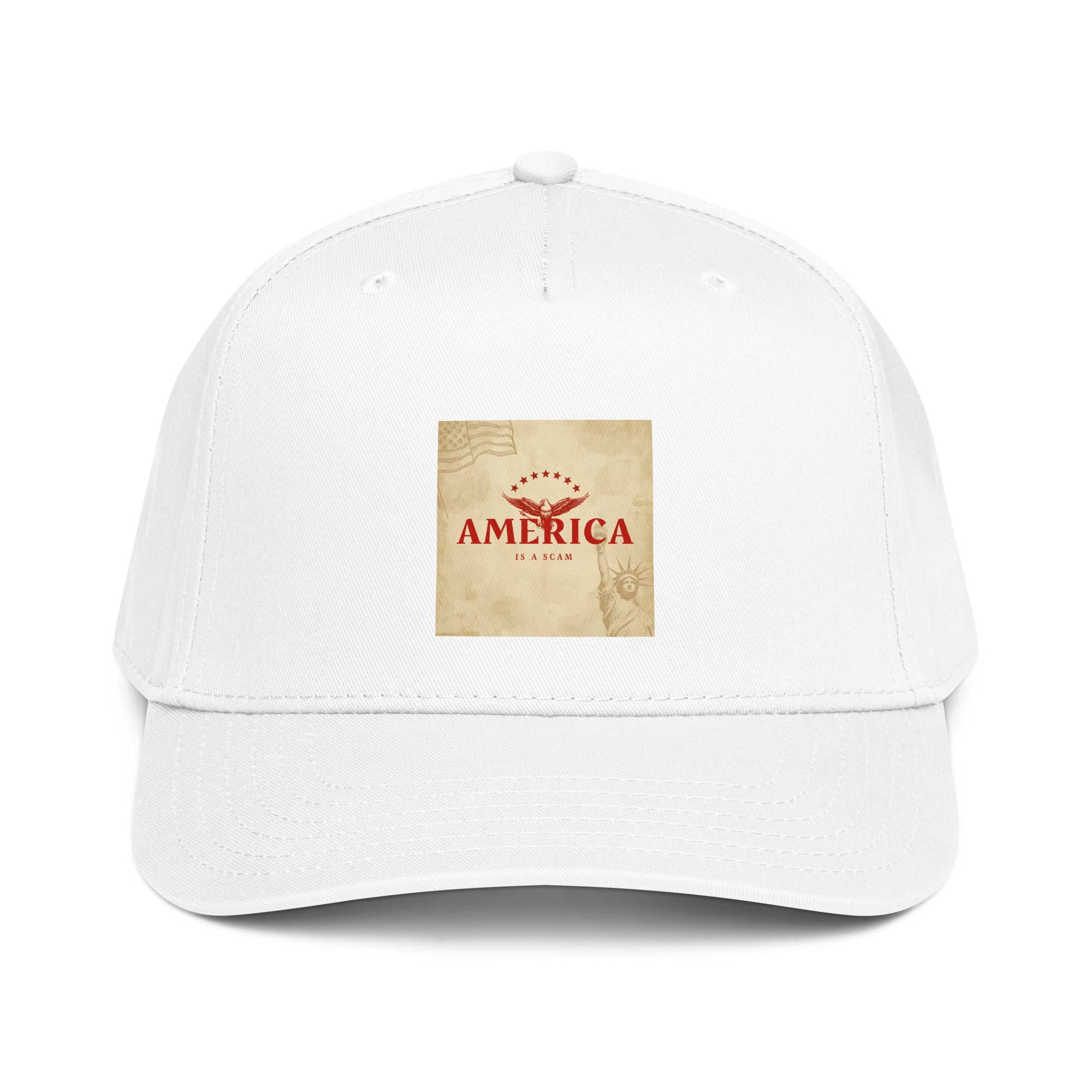 White 5-panel cap with front square America graphic patch and curved brim