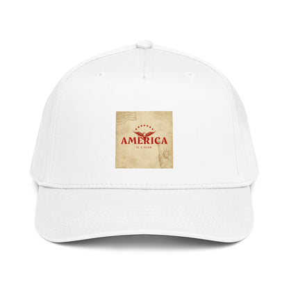 White 5-panel cap with front square America graphic patch and curved brim