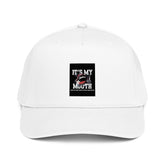 White 5-panel cap with front graphic logo patch and curved brim