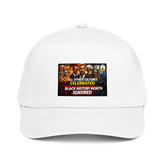 White 5-panel baseball cap with front patch graphic and curved brim