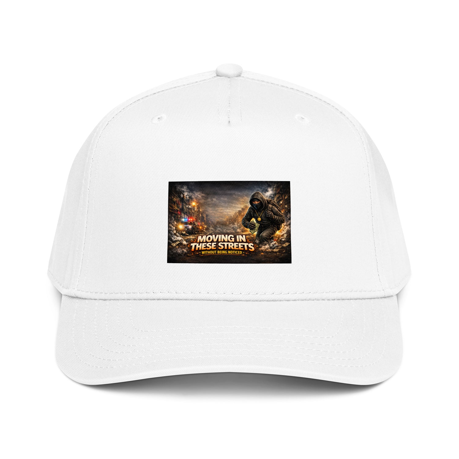 5-Panel Cap Weiß mit Front-Patch und farbiger Grafik
