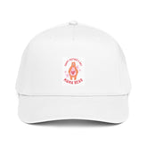 White 5-panel baseball cap with front logo patch and curved brim