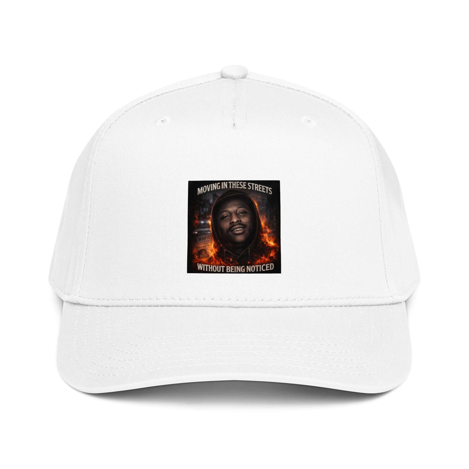 White 5-panel cap with front graphic patch and curved brim