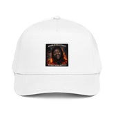 White 5-panel cap with front embroidered patch graphic