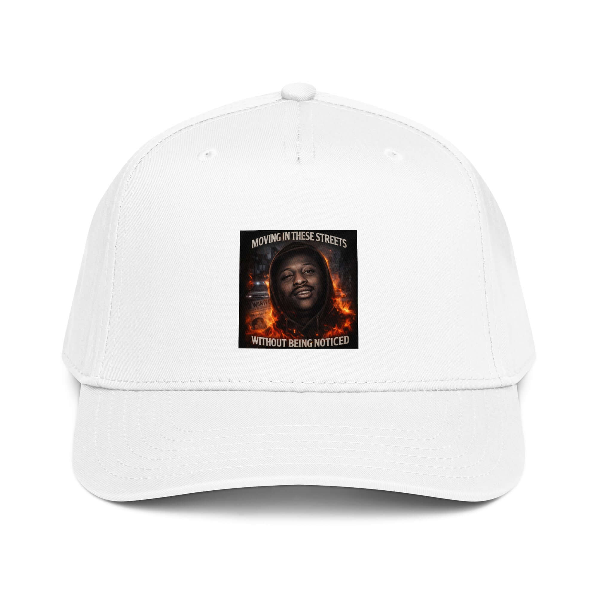 White 5-panel cap with front graphic patch and curved brim