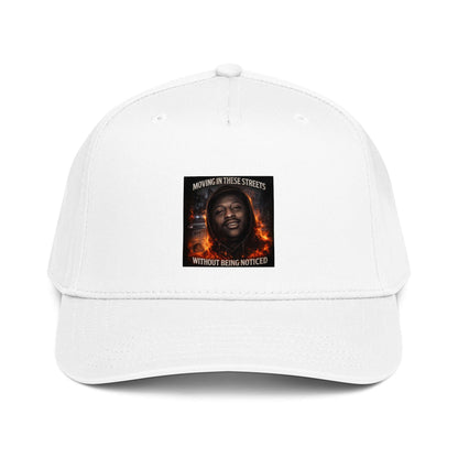 White 5-panel cap with front graphic patch and curved brim