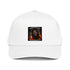White 5-panel cap with front graphic patch and curved brim