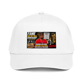 White 5-panel baseball cap with front graphic logo patch and curved brim