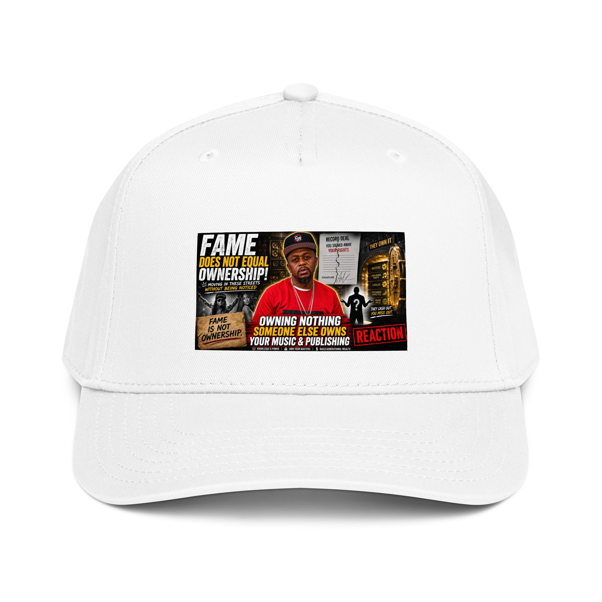 White 5-panel baseball cap with front graphic logo patch and curved brim