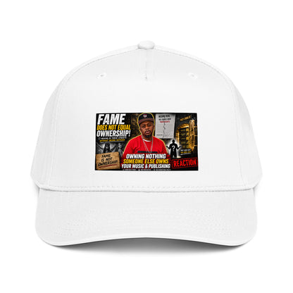 White 5-panel baseball cap with front graphic logo patch and curved brim