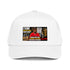 White 5-panel baseball cap with front graphic logo patch and curved brim