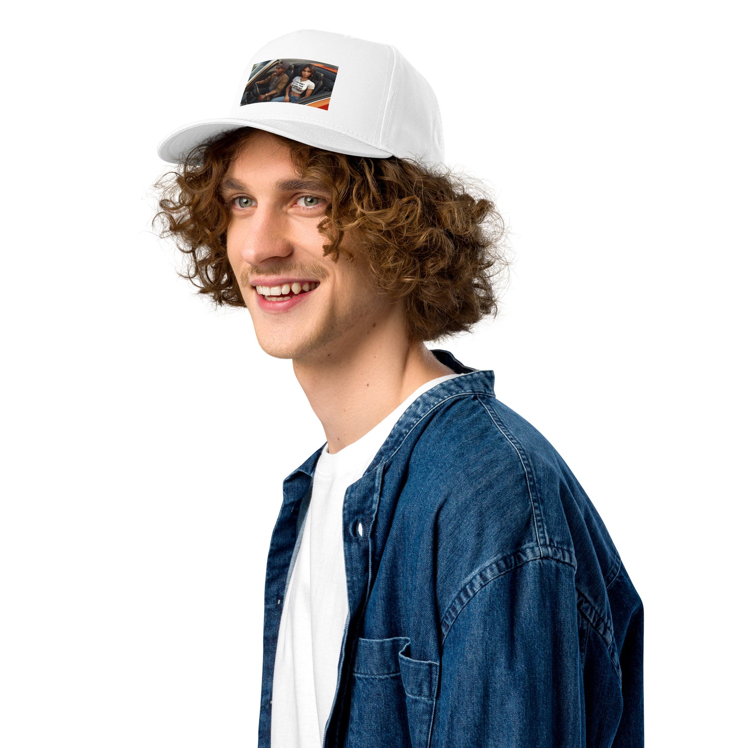White 5 panel cap with stitched graphic patch on crown